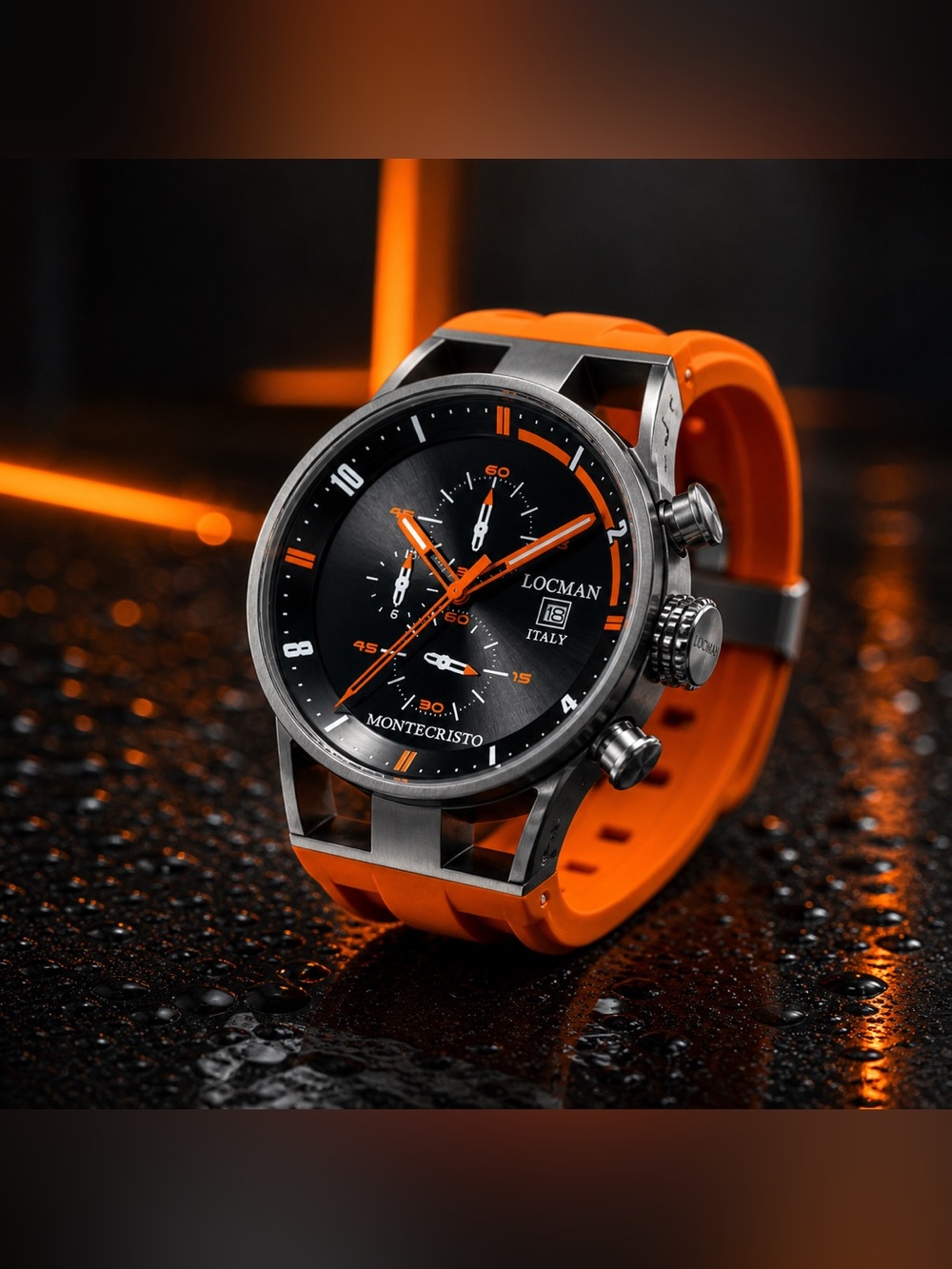 Locman Italy Montecristo Chronograph 44mm Black Dial Orange Strap Watch